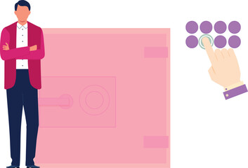 The boy is standing in front of the locker.