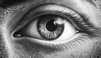 Obraz premium An intricate black and white drawing of a detailed eye, capturing the complexity and depth of the human gaze. The fine lines and patterns emphasize the eye's texture and the surrounding lashes. 