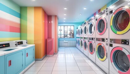 Modern laundromat interior featuring rows of washing machines. Bright self-service laundry facility