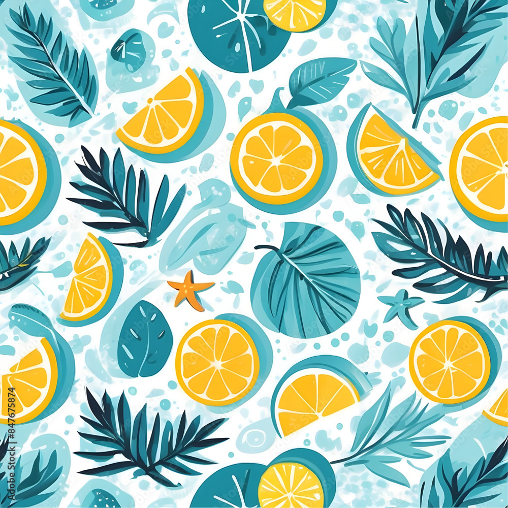 Poster summer seamless pattern with lemon slices and leaves, vector ready for design