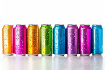 Aluminum slim colored cans isolated on white background, canned with water drops