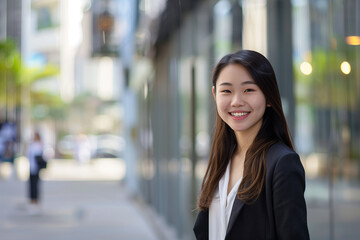 Obraz premium Smiling Asian Businesswoman in Office Building Background