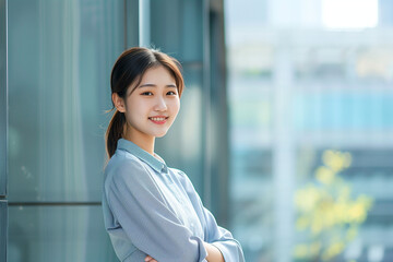 Smiling Asian Businesswoman in Office Building Background