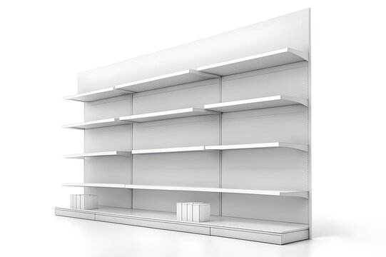 Supermarket Shelves With Blank Banners And POS Display Design. 3D rendering design. 