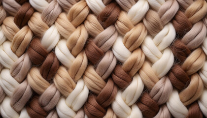 Braided wool fibers in shades of white, beige, brown, intricate texture and craftsmanship of tightly woven rustic, warm, textiles.