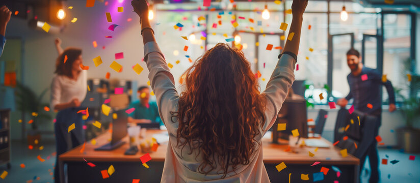 Happy businesswoman celebrates success in small office business