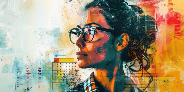 Close-up portrait of a confident young woman wearing glasses, looking away from the camera with determination in her eyes. She is wearing a suit and has her hair in a bun. The background is blurry and