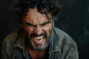 Obraz premium Portrait of a person showing frustration with clenched teeth and furrowed brows, highlighting intense emotions.. AI generated.