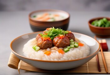 A bowl of congee with meatballs, garnished with green onions, sesame seeds, and red pepper flakes