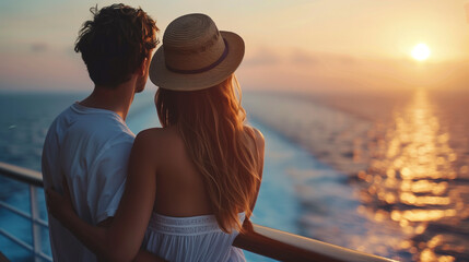 Fototapeta premium Portrait of Young Lovely Couple Vacationing on Yacht, Watching Sunset from Ship Deck on Summer Trip