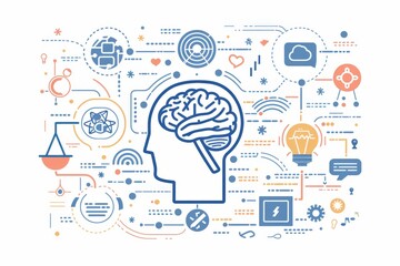 AI learning process with icons representing data, neural networks and chat bot communication in the background.