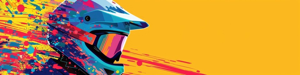 banner with Pixel art bike helmet, dynamic and colorful, retro-modern style,