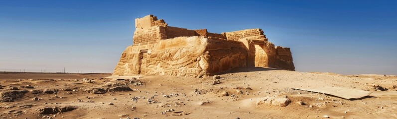 Large rock formation in the desert with a sky background