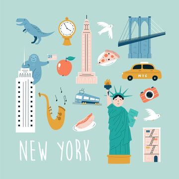 New York hand drawn poster, decoration with famous symbols and landmarks of city