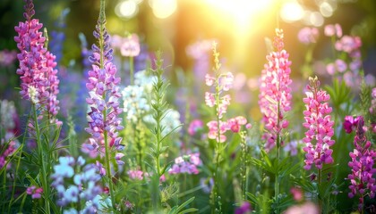 Obraz premium Vibrant and colorful wildflowers enhancing the beauty of a lush meadow on a peaceful summer evening