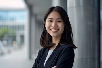 Fototapeta premium Smiling Asian Businesswoman in Office Building Background