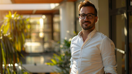Fototapeta premium Portrait of confident businessman in sunny atrium with glasses