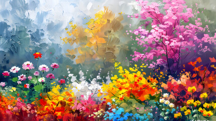 colorful flowers in the autumn season Oil color painting. Generative AI.