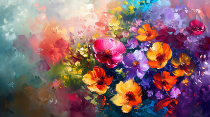 colorful flowers in the autumn season Oil color painting. Generative AI.