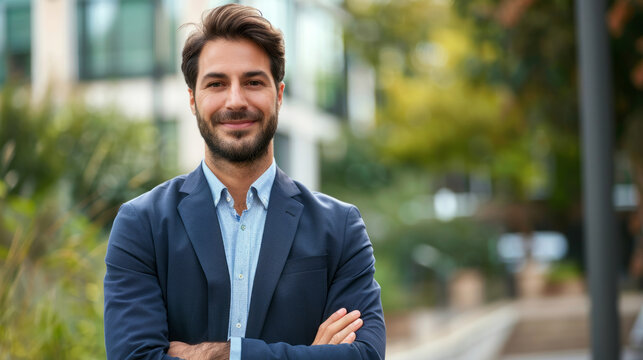 Portrait of confident businessman smiling outdoors in professional attire