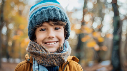 Portrait of smiling boy wearing wooly hat in autumn forest