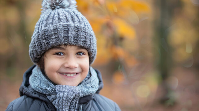 Portrait of smiling boy wearing wooly hat in fall forest