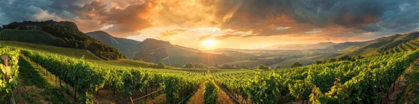 Extra wide panoramic shot of a summer vineyard shot at sunset