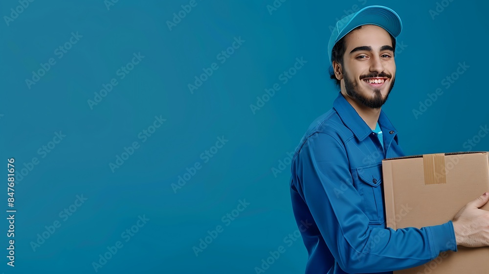 Wall mural Smiling Delivery Man with Package Against Blue Background