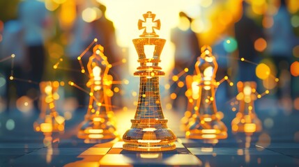 Golden chess pieces on a board with a bokeh background, symbolizing strategy, decision making, and leadership in a vibrant setting.
