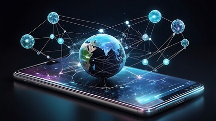 Mobile global internet communications world wide web on phone via wireless satellite network technology smartphone digital connection of all earth holographic abstract interface