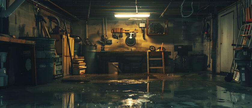 A cozy basement with a workbench and old tools, water slowly flooding in from a broken pipe, covering the concrete floor and reflecting the dim light from a single bulb overhead