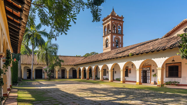 Historic courtyard with colonial architecture and bell tower