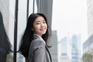 Fototapeta premium Smiling Asian Businesswoman in Office Building Background