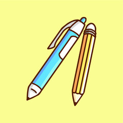 Clipart of a blue pen and a yellow pencil, essential tools for writing and drawing. Ideal for educational, office, or creative design projects.