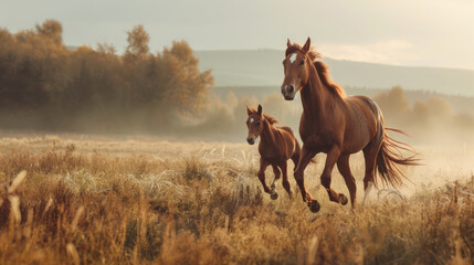 Wild horse and foal running in a sunny field at dawn
