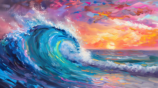 Colorful sky and ocean wave Oil color painting. Generative AI.