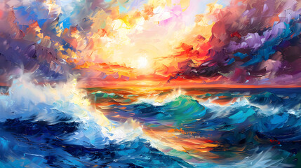 Colorful sky and ocean wave Oil color painting. Generative AI.