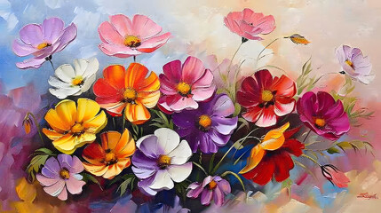 colorful flowers Oil color painting. Generative AI.