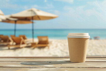 To-go coffee cup on a wooden table at the beach with blurred umbrellas and chairs in the background