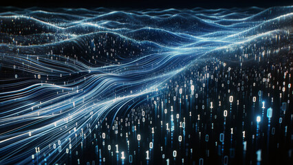 Stylized data flow represented with glowing binary numbers