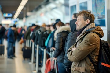 Travel, queue and wait with man in airport for vacation, international trip and tourism. Holiday, luggage and customs with passenger in line for airline ticket, departure and flight