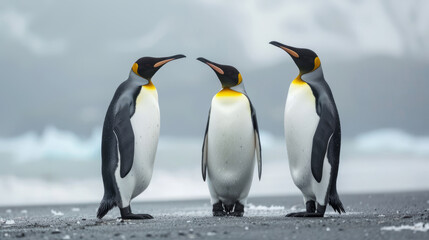 Obraz premium Group of three king penguins standing on icy beach