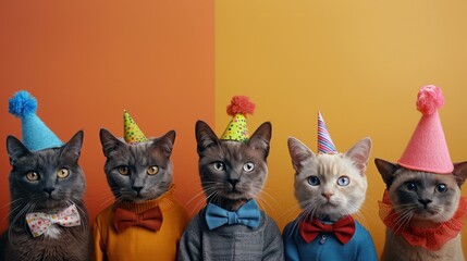 Five cats with party hats against backdrop