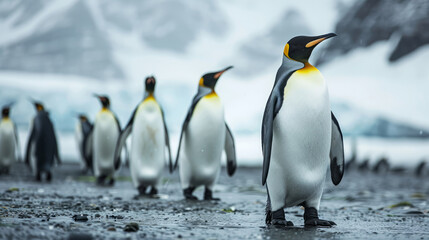 Fototapeta premium King penguins walking together on a snowy Antarctic beach