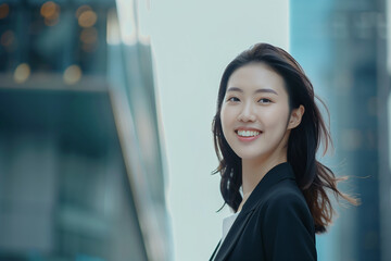 Fototapeta premium Smiling Asian Businesswoman in Office Building Background