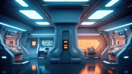 Picture of interior design in futuristic spaceship with convenient monitor controller technology...