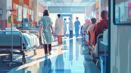 Nurse in the Hospital Ward: In a busy hospital ward, a nurse moves between patients, checking vital signs and ensuring everyone receives the care they need 