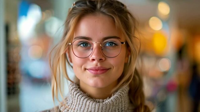 An optics store banner shows a happy customer choosing eyeglasses. Medical eye care. A pretty young woman trying on a new pair of glasses. Happy woman buying glasses at optics store