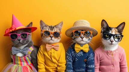 Fashionable cats in outfits on yellow backdrop