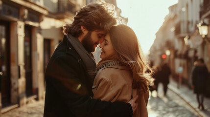 Romantic couple embracing on a sunny day in the city